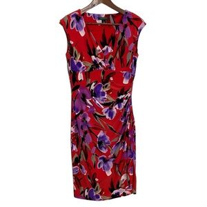 Lauren Ralph Lauren Dress Womens 8 Red Purple Floral Short Sleeve Faux Wrap